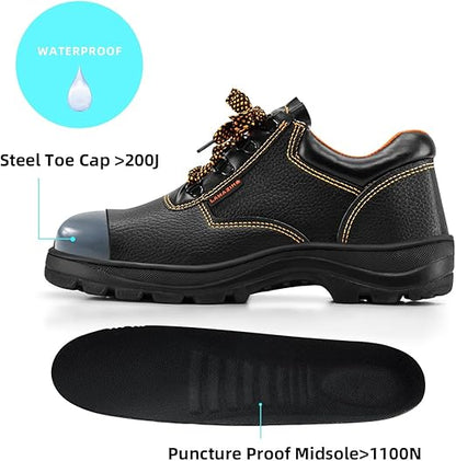 أحذية أمان - أحذية عمل جلدية قصيرة مقاومة للانزلاق ذات مقدمة فولاذية للرجال/النساء - مقاومة للماء والثقب، مريحة وخفيفة الوزن، مناسبة للاستخدامات الصناعية والإنشائية