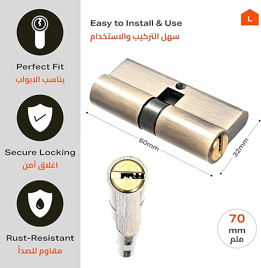 Lock Cylinder with 5 Keys -70mm- Brass Core Security Lock with Zinc-Plated Surface, Easy Install Keyed Cylinder Lock for Doors, Durable & Anti-Rust Design for Homeowners Managers & Contractors