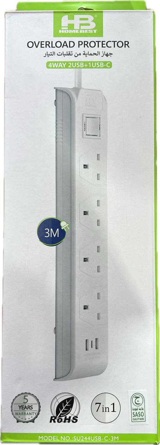 Multiple Cord Extension | 4 Way + 2 USB + 1USB - C | 3 Meter | 5 year warranty