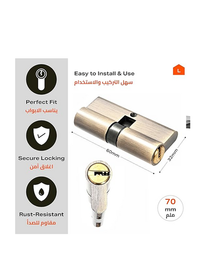 Lock Cylinder with 5 Keys -70mm- Brass Core Security Lock with Zinc-Plated Surface, Easy Install Keyed Cylinder Lock for Doors, Durable & Anti-Rust Design for Homeowners Managers & Contractors